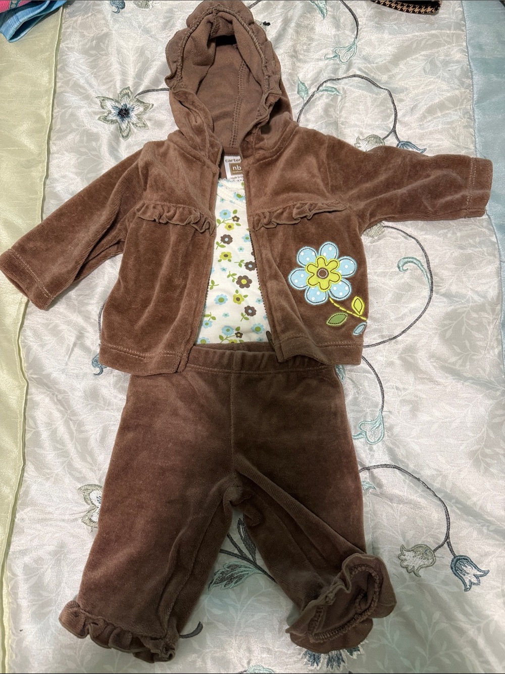 Carter's Brown Velour Hoodie & Pants Set with Blue Flower Patch